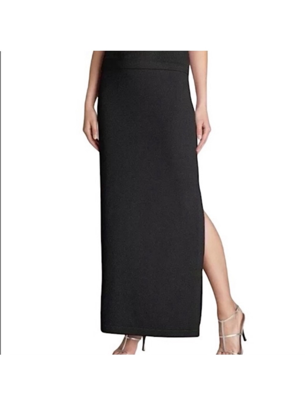 St. John Evening Santana Knit Column Maxi Pull-on Skirt Sz 14 Black Side Slit